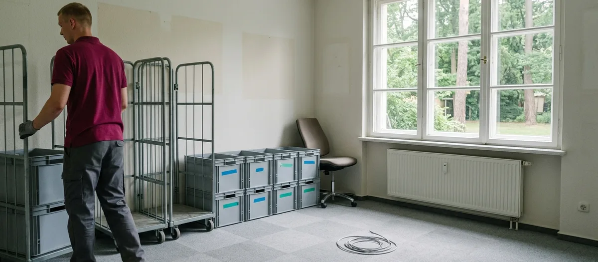 In einem geräumten Büro stehen graue Rollcontainer und geschlossene Transportkisten, die nur mit farbigem Klebeband markiert sind, ein Träger schiebt einen weiteren Rollcontainer heran, am Fenster ein Heizkörper.