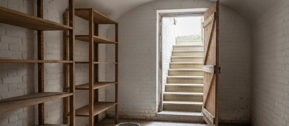 Halb geräumter Kellerraum mit weiß gekalkten Ziegelwänden, leeren Holzregalen und offener Bretttür, durch die Tageslicht von der Kellertreppe hereinfällt.
