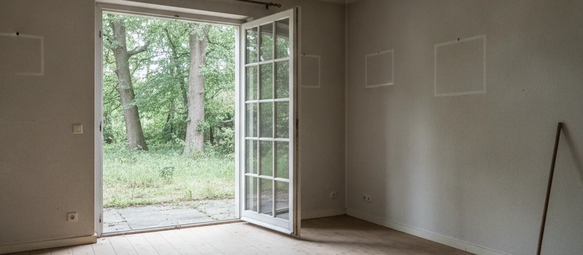 Leergeräumtes Zimmer eines alten Landhauses mit Dielenboden und hellen Flecken an der Wand, die Terrassentür mit Sprossen steht offen zu einem verwilderten Garten mit alten Bäumen.