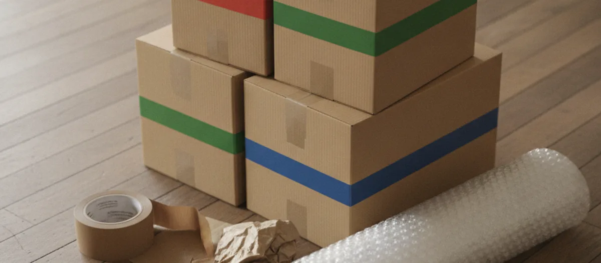 Unbedruckte Umzugskartons stehen auf einem Dielenboden gestapelt, drei davon sind mit einem breiten farbigen Klebeband quer markiert, daneben liegen eine Packbandrolle, Packpapier und eine Rolle Luftpolsterfolie.