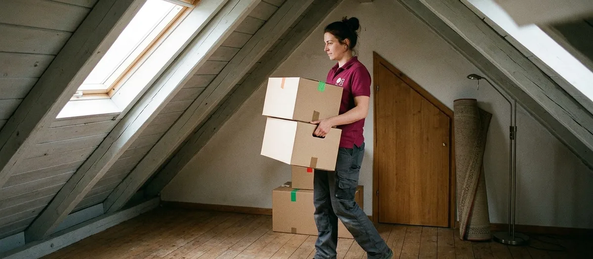 Eine Umzugskraft trägt in einem Dachzimmer mit Schräge und Dachfenster zwei gestapelte Umzugskartons zur Tür, daneben stehen ein zusammengerollter Teppich und eine Stehlampe.