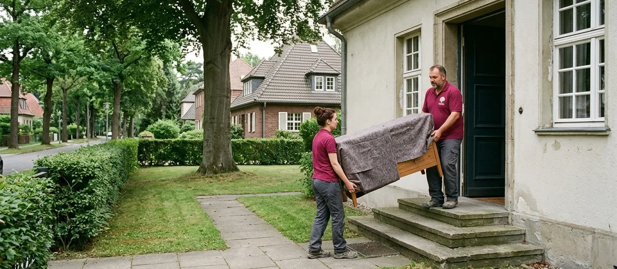 Zwei Umzugskräfte tragen eine in eine Decke geschlagene Kommode die Steinstufen eines Landhauses mit Sprossenfenstern hinauf durch die geöffnete Haustür, davor führt ein Plattenweg durch den Vorgarten unter einer alten Buche.