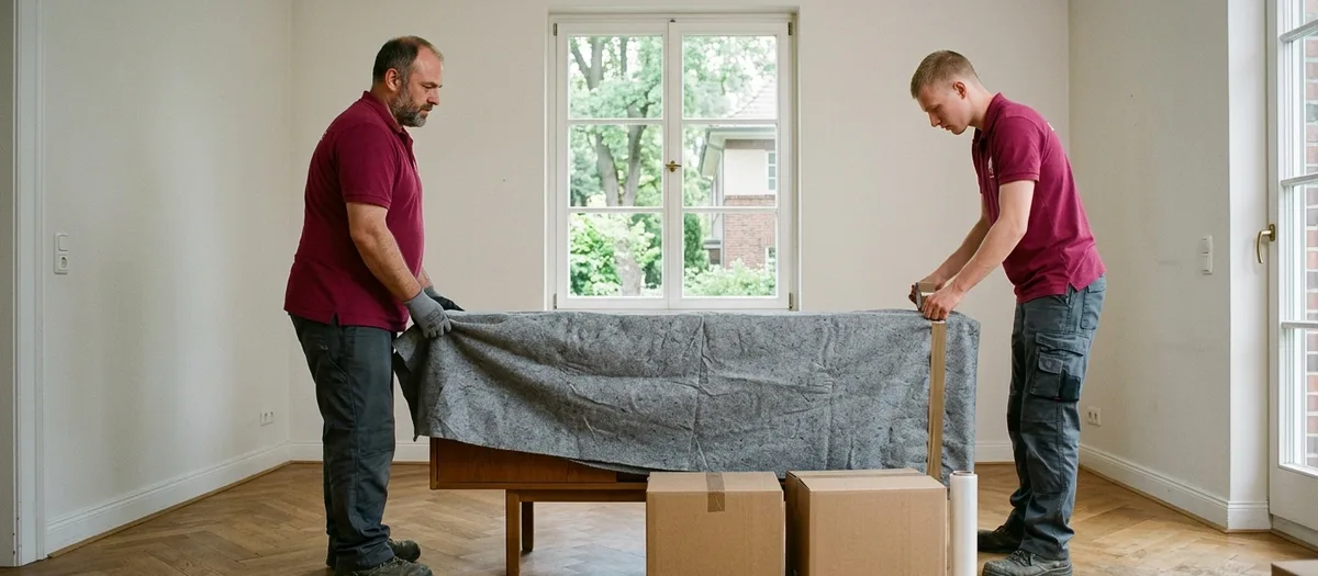 Zwei Umzugskräfte schlagen in einem leeren Zimmer mit Fischgrätparkett eine niedrige Anrichte in graue Umzugsdecken ein, davor stehen zwei unbedruckte Kartons vor dem Sprossenfenster.