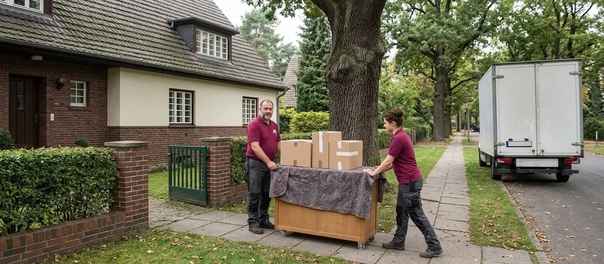 Zwei Umzugskräfte schieben einen beladenen Rollwagen über den Plattenweg eines Vorgartens auf ein Haus mit Klinkersockel zu, an der Straße wartet der Umzugswagen unter einer alten Eiche.