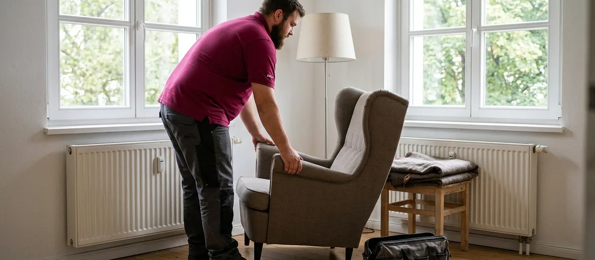 Ein Träger stellt in einem hellen kleinen Wohnzimmer einen gepolsterten Ohrensessel neben dem Fenster ab, dahinter stehen eine Stehlampe und ein Hocker mit einer gefalteten Wolldecke.