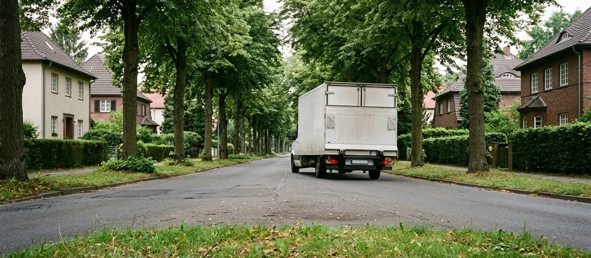 Umzugswagen fährt von der Kamera weg über eine gerade Allee mit hohen Laubbäumen, links und rechts stehen Wohnhäuser hinter Hecken.