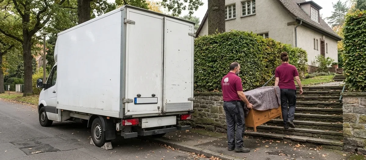 Umzugswagen steht mit untergelegten Keilen an einer abschüssigen Straße, zwei Umzugskräfte tragen eine in eine Decke gewickelte Kommode über eine Außentreppe zu einem Haus oberhalb einer Bruchsteinmauer.