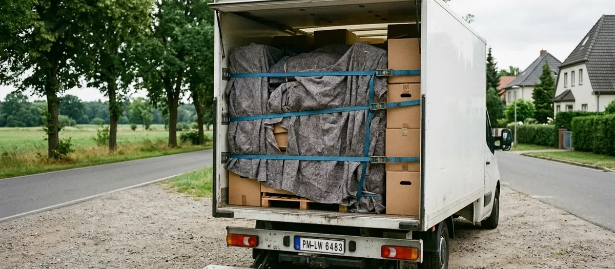 Blick in die vollgeladene Ladefläche eines Umzugswagens an einer Landstraße: in Decken gewickelte Möbel und Kartons stehen dicht an dicht und sind mit blauen Spanngurten gesichert.
