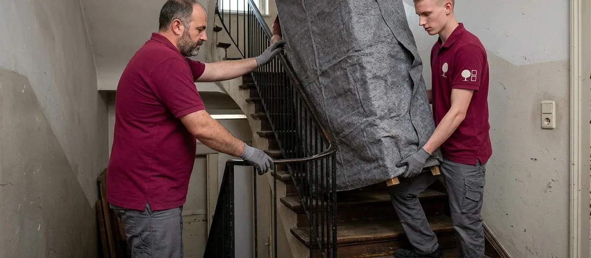 Zwei Umzugskräfte manövrieren einen in Decken gewickelten Kleiderschrank durch die enge Wendung eines alten Treppenhauses mit Holzstufen und schmiedeeisernem Geländer.