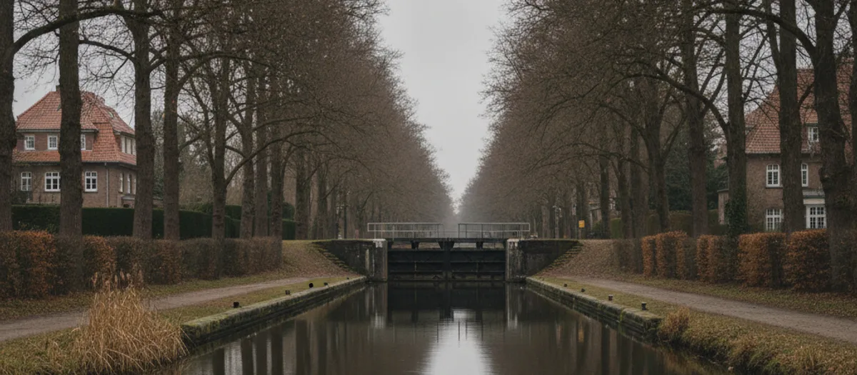 Blick über einen geraden Kanal auf eine alte Schleusenkammer mit Steg, an beiden Ufern hohe Laubbäume, Hecken und Häuser mit Ziegeldächern.