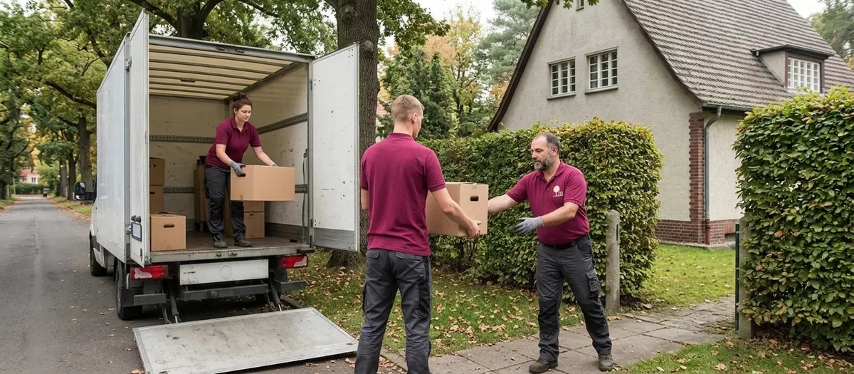 Drei Umzugshelfer reichen sich am Gartentor unbedruckte Kartons zu und laden sie über die heruntergelassene Ladebordwand in den Umzugswagen, dahinter eine hohe Hecke und ein Putzhaus.