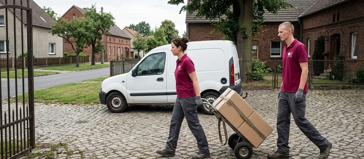 Zwei Umzugskräfte schieben eine Sackkarre mit Kartons über das Kopfsteinpflaster eines Hofes, dahinter steht ein kleiner weißer Kastenwagen vor einem alten Backsteinhaus am Dorfanger.