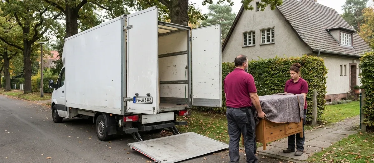 Umzugswagen mit geöffneten Hecktüren und heruntergelassener Ladebordwand steht in einer schmalen Anliegerstraße unter alten Bäumen, zwei Umzugskräfte tragen eine in eine Decke geschlagene Kommode zum Wagen, dahinter ein Putzhaus mit steilem Ziegeldach.