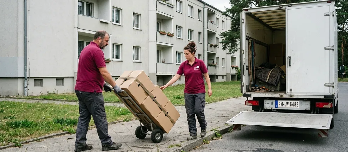Zwei Umzugskräfte schieben eine Sackkarre mit gestapelten Kartons über den Gehweg vor einem vierstöckigen Wohnblock, daneben steht der Umzugswagen mit heruntergelassener Ladebordwand.