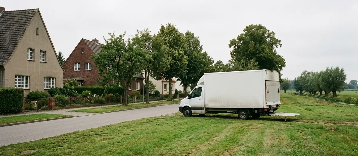 Umzugswagen mit ausgeklappter Ladebordwand steht am Grasrand einer ruhigen Dorfstraße mit Vorgärten, dahinter öffnen sich Wiesen mit einer Reihe alter Weiden.
