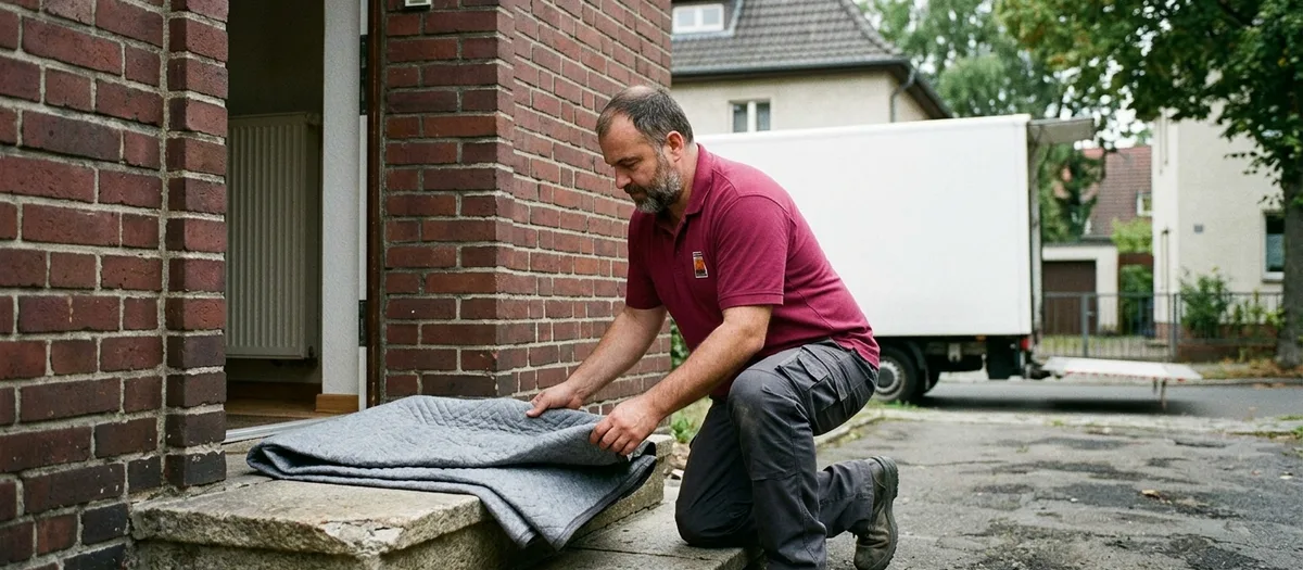 Ein Träger kniet vor der Tür eines Backsteinhauses und legt eine graue Schutzdecke über die Steinstufe, im Hintergrund unscharf der Umzugswagen mit ausgeklappter Ladebordwand.