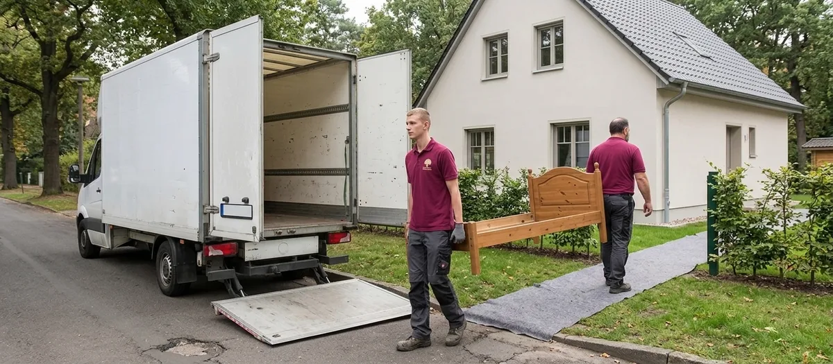 Vor einem neu gebauten Einfamilienhaus mit frisch angelegtem Rasen steht der Umzugswagen mit geöffneten Hecktüren, ein Träger trägt das Kopfteil eines zerlegten Bettes, ein zweiter geht über die ausgelegte Schutzmatte zum Haus voraus.