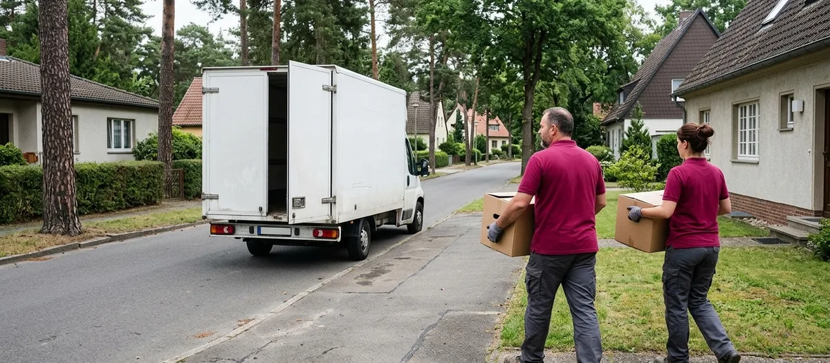 Zwei Umzugskräfte tragen unbedruckte Kartons über einen Grasstreifen zu einem Bungalow, an der ruhigen Eigenheimstraße steht der Umzugswagen zwischen hohen Kiefern.