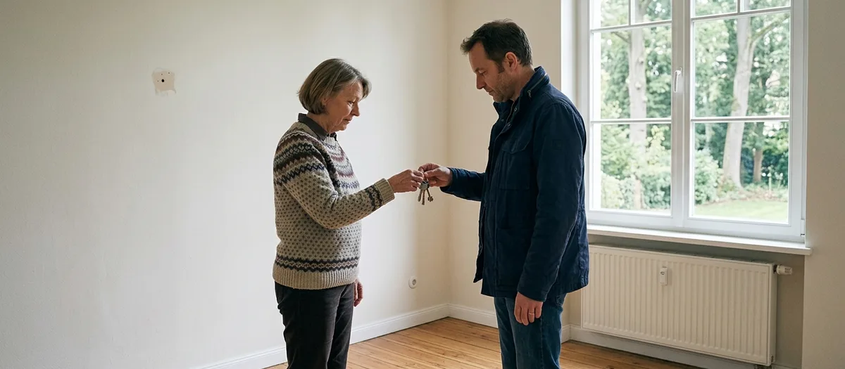 In einem leeren Zimmer mit Dielenboden übergibt eine ältere Frau einen Schlüsselbund an einen Mann, an der Wand hinter ihnen ist ein zugespachteltes Bohrloch als heller Punkt zu sehen.